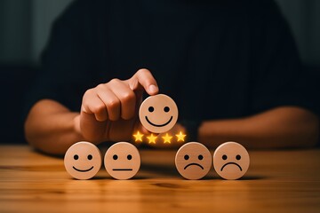 Customer Satisfaction Rating with Wooden Emoji Blocks and Five Stars.