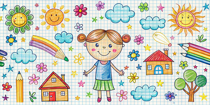 A playful and vibrant illustration depicts a girl smiling in a whimsical world filled with sunshine, flowers, and colorful drawings, showcasing creativity and joy