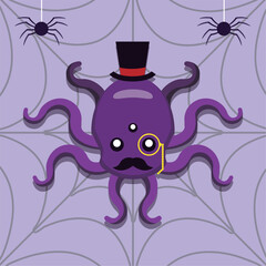 Purple octopus gentleman with hat. Vector