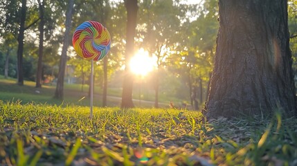 Colorful lollipop in a park at sunset.