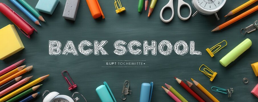 Flat lay of stationery items for back to school on green background