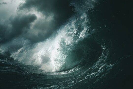 Powerful tsunami wave crashing towards shore under dark ominous sky.