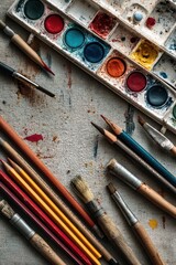 Naklejka premium A flat lay of watercolor paints, brushes, and colored pencils on a canvas