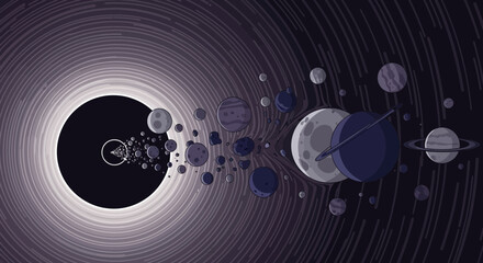 Illustration of a black hole devouring planets in space exploration artwork concept