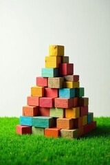 Obraz premium A vibrant pyramid of colorful wooden blocks, meticulously stacked on a lush green surface, symbolizes growth, stability, and the potential for creative construction.