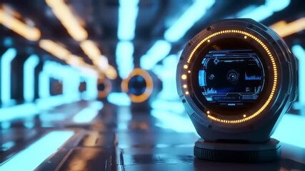 Futuristic technological device with a digital interface in a glowing neon data corridor. - Powered by Adobe