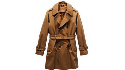 Classic beige trench coat with belt and button closure, a timeless fashion staple for autumn and spring weather isolated on transparent background