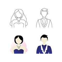 Wedding couple, bride groom icon, marriage ceremony, romantic love vector illustration, formal attire, celebration art for stock upload