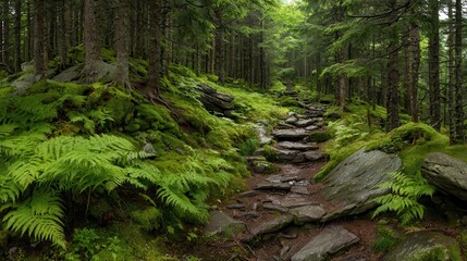 Lush Forest Pathway Surrounded by Green Ferns and Rocky Terrain