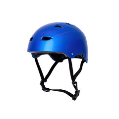 Fototapeta premium A bright blue protective helmet with adjustable straps and ventilation holes isolated on white background