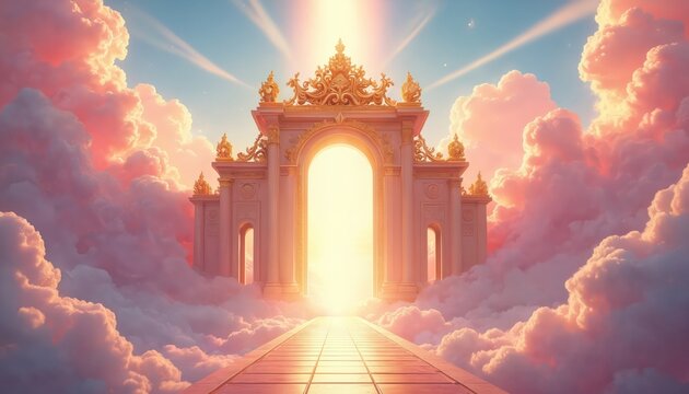 Ornate golden archway entrance stands majestically amidst fluffy pink clouds, bright sunlight. Glowing pathway leads through divine architecture towards celestial portal in dreamlike sky.