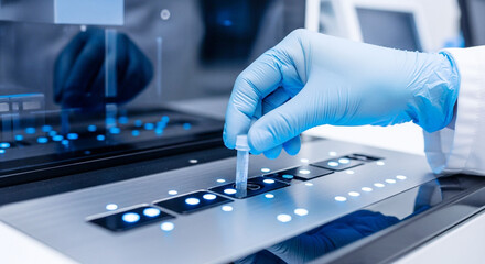 Scientist's gloved hand placing a sample tube into high-tech laboratory analysis equipment, blue light.