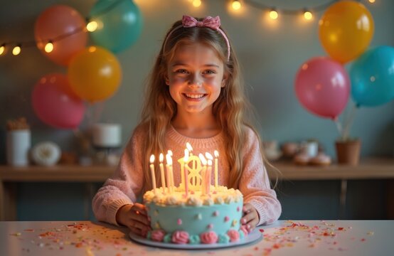 Young girl smiles with birthday cake celebrating 18th birthday. Balloons, candles, confetti create festive atmosphere. Milestone event signifies coming of age, legal adulthood, transition to young
