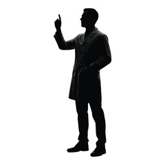 Obraz premium Vector art of silhouette of a scientist pointing up with finger isolated on white background