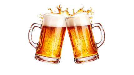 Two Beer Mugs Toasting with Splashing Beer Against a Transparent Background Capturing a Moment of Camaraderie