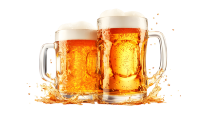 Two Frothy Beer Mugs Clinking Together with Splashing Liquid Against a Transparent Backdrop Symbolizing Celebration