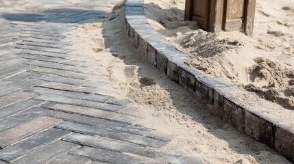Fototapeta premium Curved Paver Pathway by Sandy Beach Area in Bright Sunlight