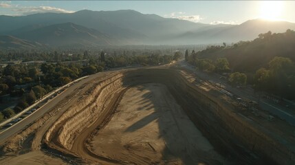 Aerial View of Construction Site Surrounded by Scenic Mountain Landscape