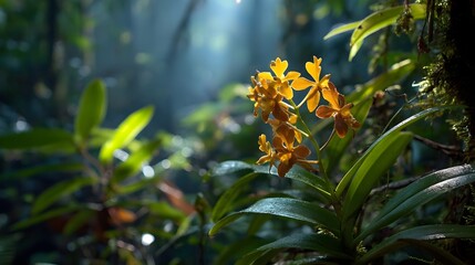 Rare orchid flower illuminated by a light beam in the dense jungle canopy