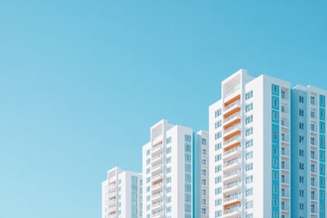 Fototapeta premium Modern apartment buildings set against bright blue sky radiate t