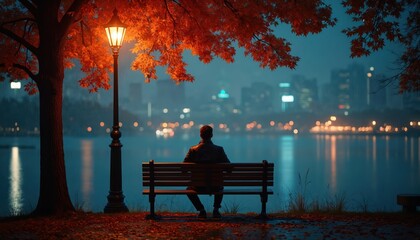 Man sits alone on park bench at autumn night, watching city lights across lake. Street lamp glows near red fall leaves. Moody atmosphere reflects contemplation, solitude, peacefulness, loneliness,