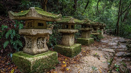 Ancient Stone Lanterns in Serene Forest Pathway Surrounded by Nature