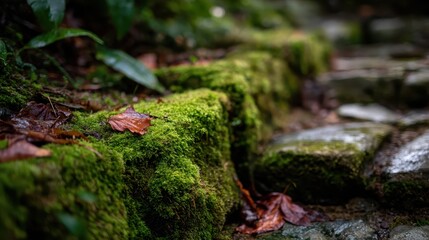 Lush Green Moss on Stone Pathway Surrounded by Nature's Beauty