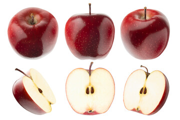 Rich glossy red apples - set of whole, cut on half, slices with tails, seeds, different sides isolated on white background. Studio shot. Summer fresh fruits as design elements.
