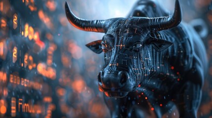 Digital bull with glowing lines and data patterns, representing financial growth and market trends, set against a futuristic background of numbers and technology