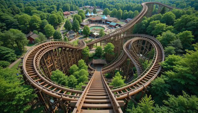 A wooden roller coaster twists and turns through a dense forest canopy, offering thrilling rides to visitors at an amusement park under bright blue skies. The vibrant greenery enhances the excitement