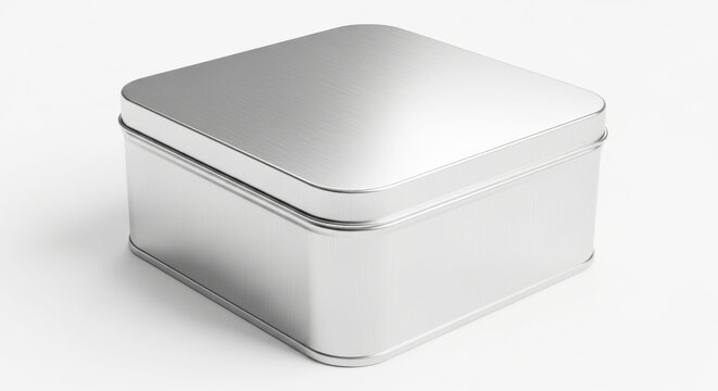 Square Silver Metal Tin Box with Lid Isolated on White Background