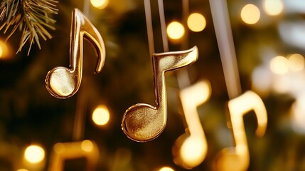 Golden musical notes adorn a christmas tree.