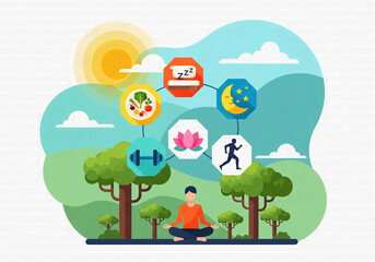 Naklejka premium An illustration of a man meditating with icons of a healthy lifestyle, representing balance, wellness, diet, sleep, and exercise