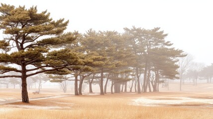 Obraz premium Serene Landscape of Pines in Foggy Environment with Golden Grass