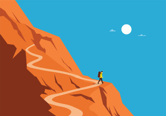 A lone traveler on a challenging hiking trail, ascending a winding mountain path with a backpack, on a solitary journey to the summit.