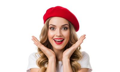 Surprised Young Woman Excited Young Woman in Red Beret on PNG
