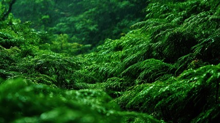 Lush Green Vegetation in Rainy Forest Scene with Droplets on Leaves