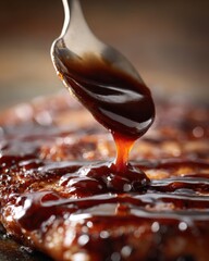 Close-up of barbecue sauce being drizzled on grilled meat for perfect summer grilling,National Condiment Month,