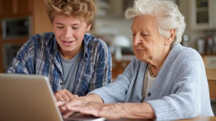 Smiling teenage boy helping his grandmother use a laptop at a kitchen table. - Powered by Adobe