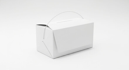 Empty White Cardboard Takeout Container with Wire Handle on Clean Background