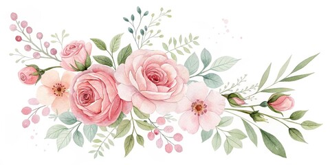 Obraz premium Watercolor Blush Pink Roses Floral Arrangement, Botanical Illustration, Wedding Design Floral art, watercolor painting