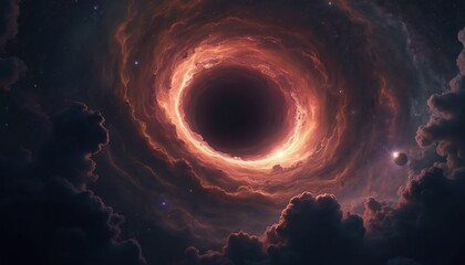 Digital artwork black hole singularity surrounded by fiery accretion disk. Cosmic clouds, distant stars create dramatic deep space scene. Scientific visualization of celestial event, futuristic