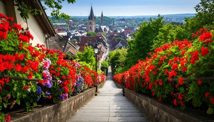 Scenic hillside steps with vibrant flowers