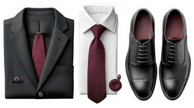 Arrangement of a stylish suit shirt tie and leather shoes showcasing a classic and elegant fashion ensemble for men isolated on transparent background
