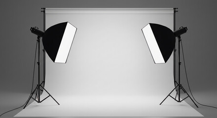 Professional Photography Studio Setup with Softbox Lights and Seamless White Backdrop.