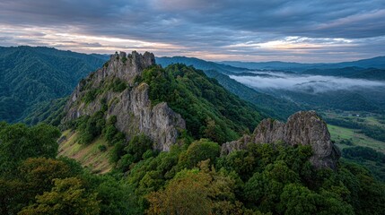Majestic Rocky Mountain Landscape at Dawn with Fog and Forest