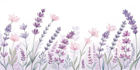 Naklejka premium Watercolor Lavender Floral Border, Botanical Illustration, Purple Flowers Lavender, Floral Design