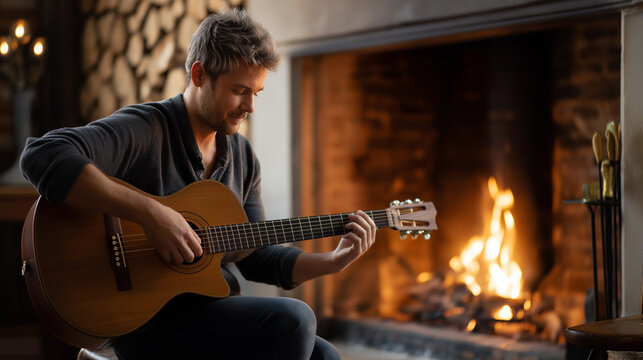 Cozy Musician Playing Guitar by a Fireplace with Soft Lighting