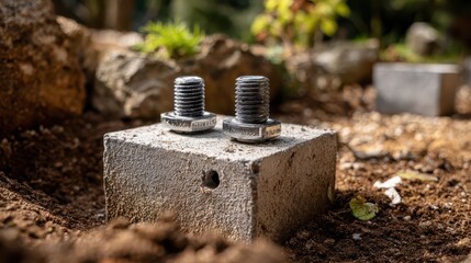Metal Bolts and Concrete Block in Natural Outdoor Environment