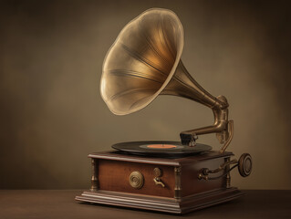 Vintage Gramophone on Wooden Table &ndash; Antique Record Player with Brass Horn